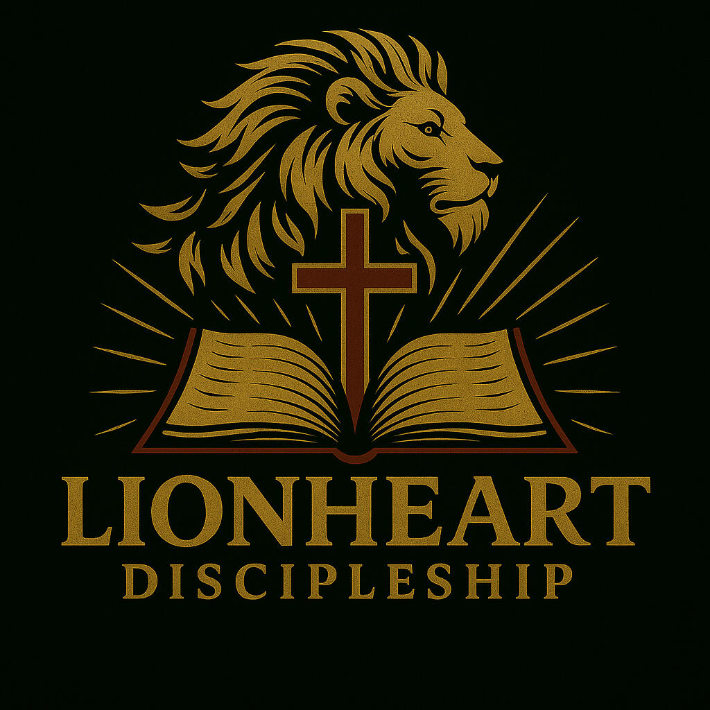 Lionheart Discipleship logo featuring a lion, cross, and open Bible.